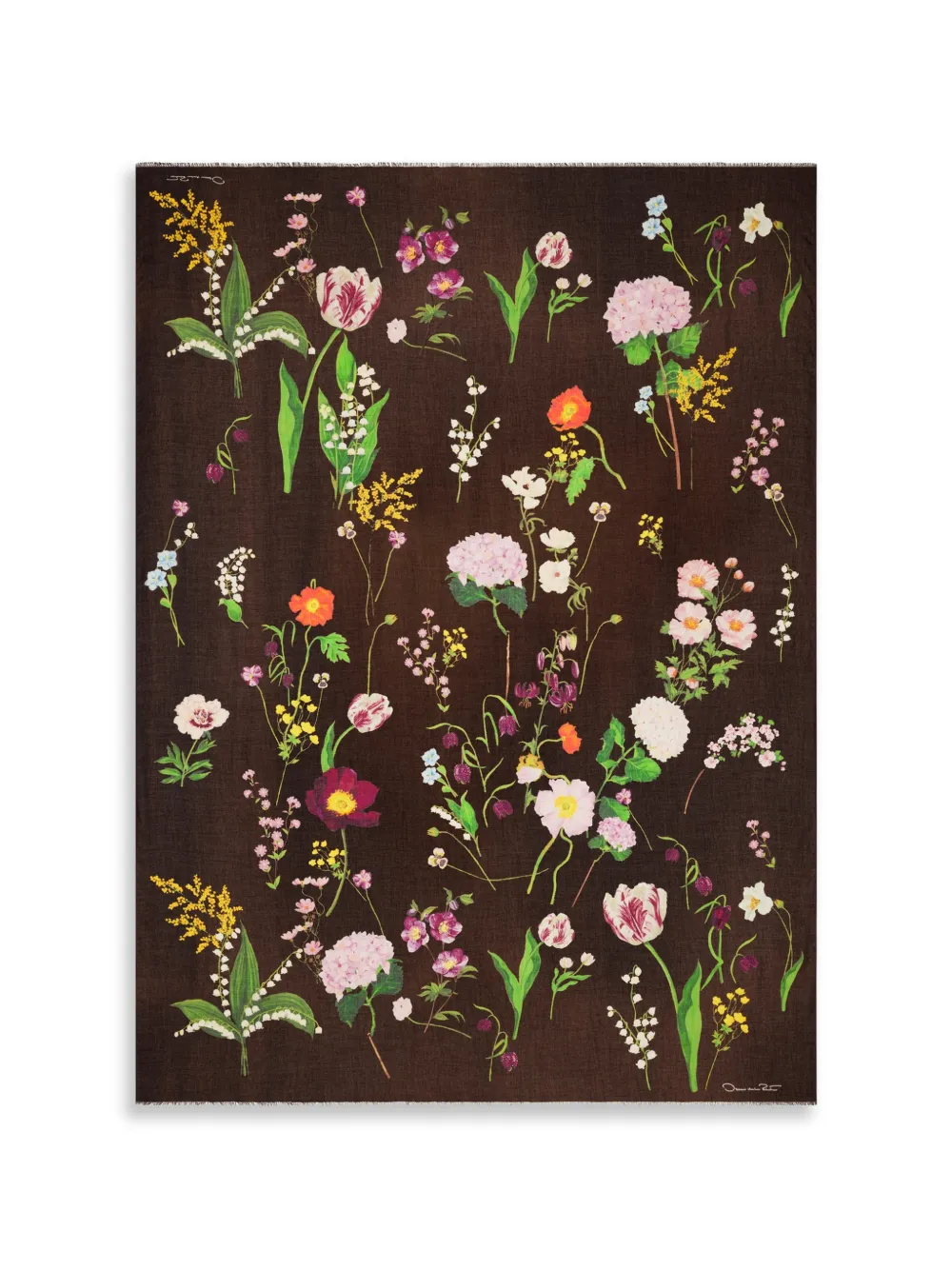 Oscar de la Renta botanical-print frayed scarf - Marrone