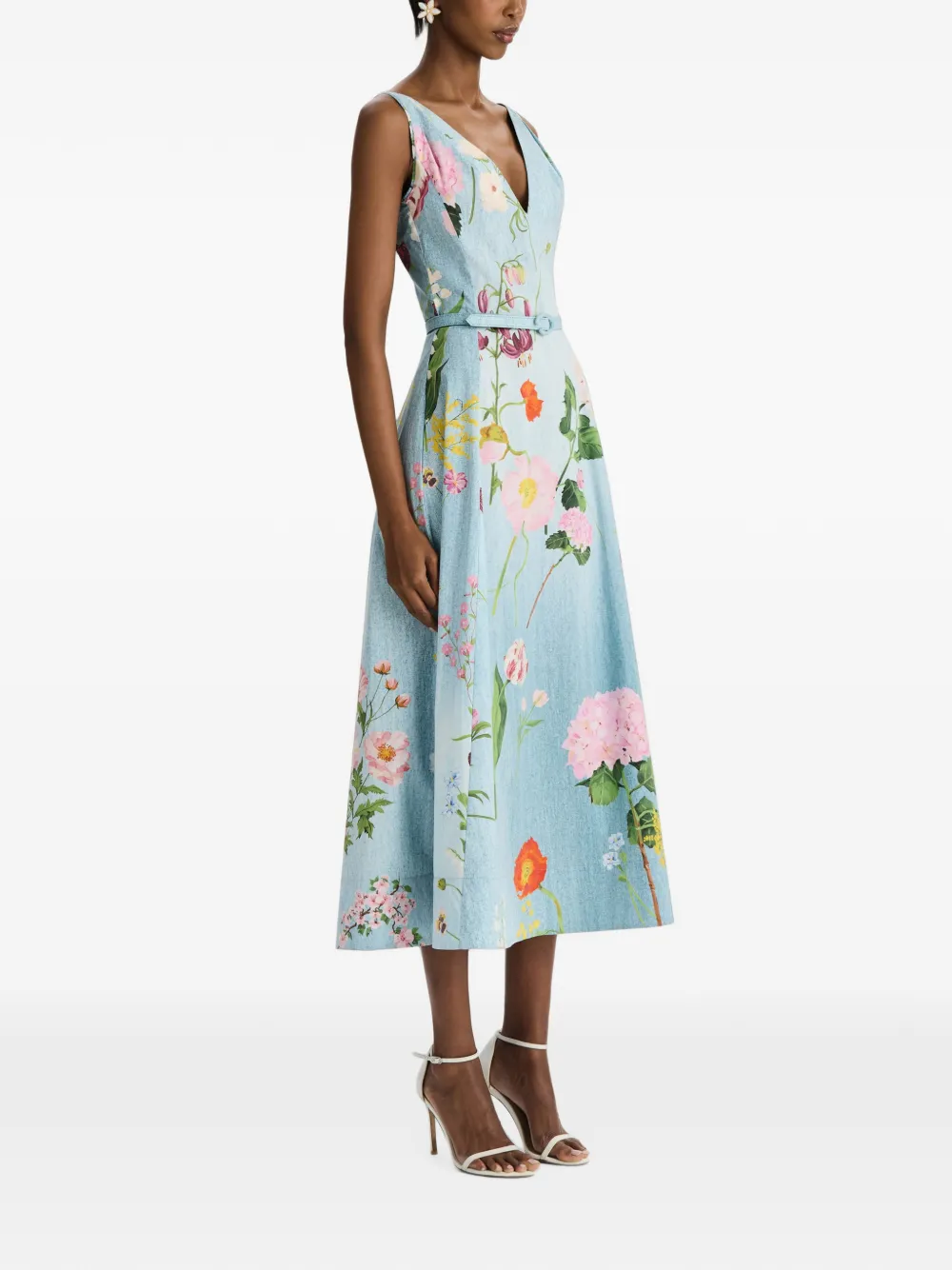 Oscar de la Renta Midi-jurk met botanische print en ceintuur Blauw