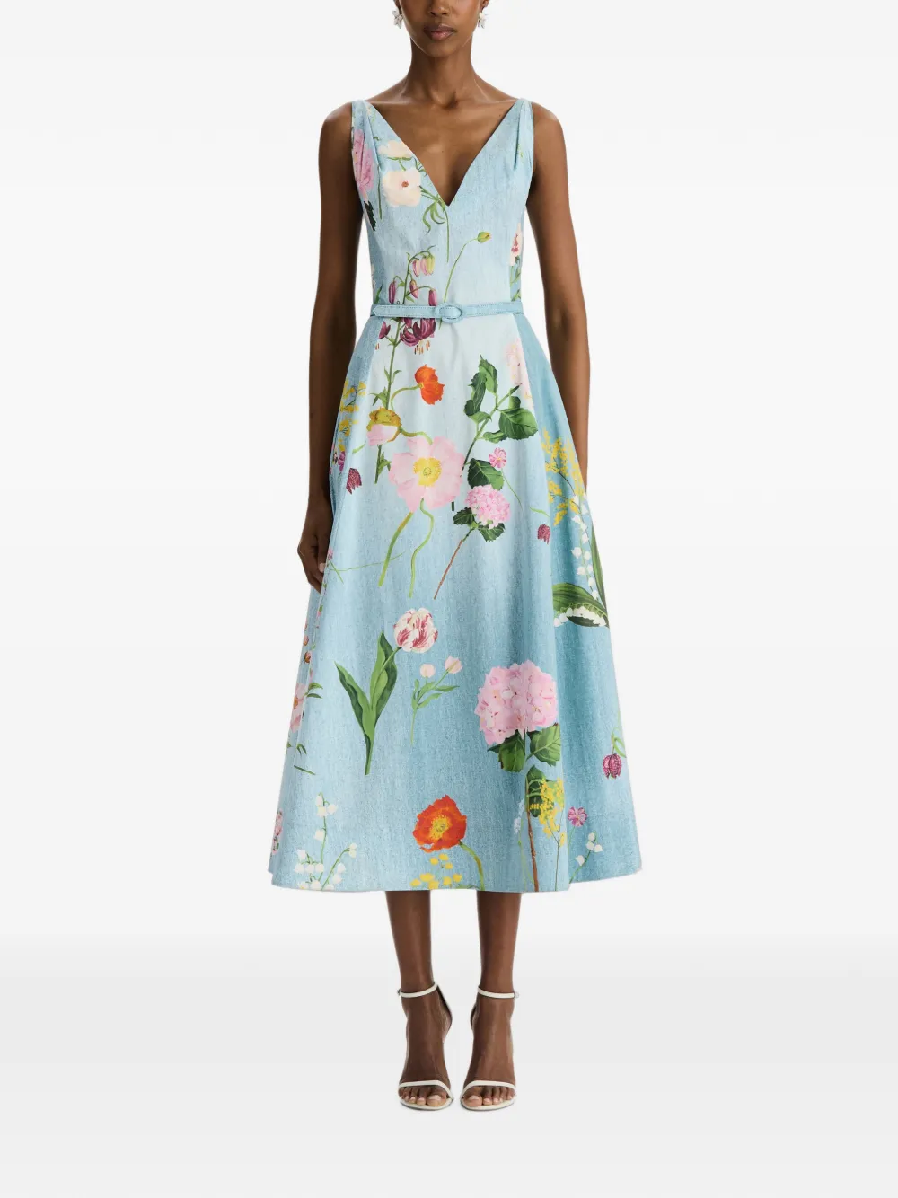 Oscar de la Renta Midi-jurk met botanische print en ceintuur Blauw