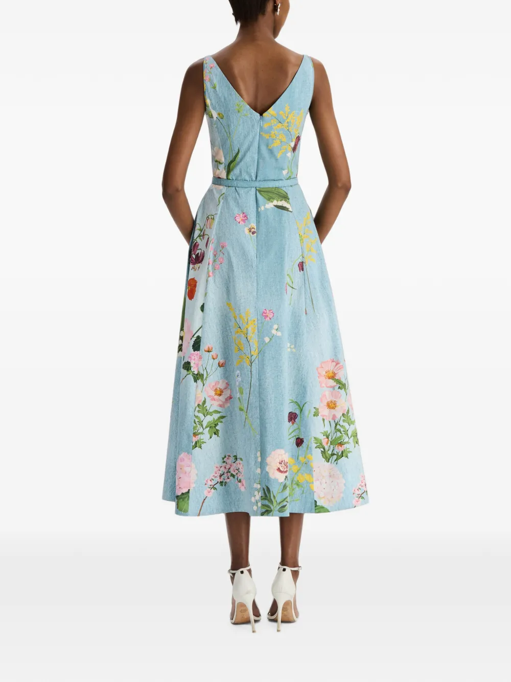 Oscar de la Renta Midi-jurk met botanische print en ceintuur Blauw