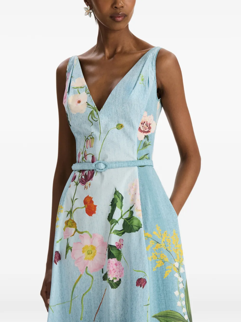 Oscar de la Renta Midi-jurk met botanische print en ceintuur Blauw