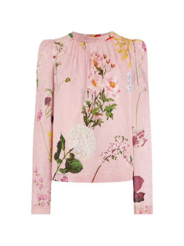 Oscar de la Renta Botanical-print Tie-detailed Blouse in Pink