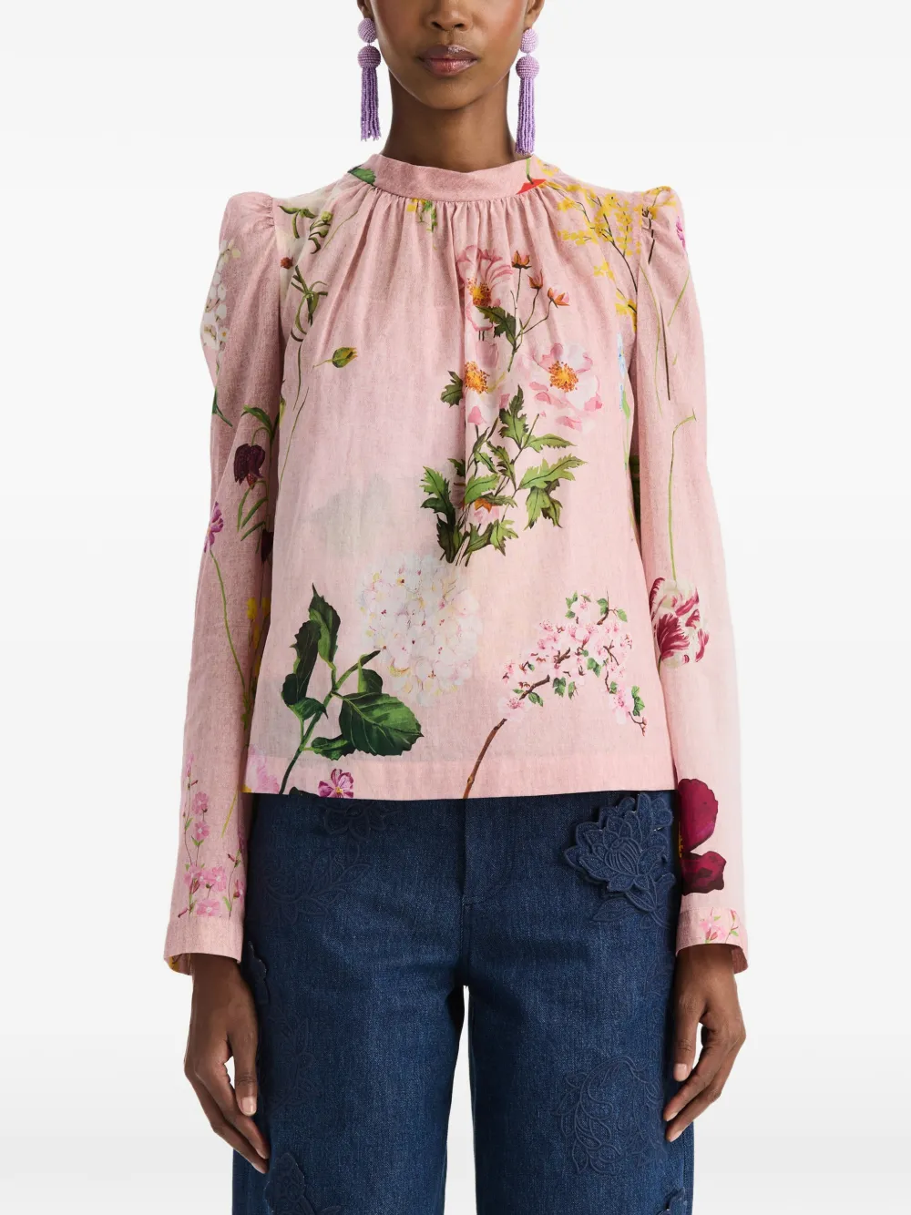 Oscar de la Renta Blouse met botanische print en strikdetail Roze