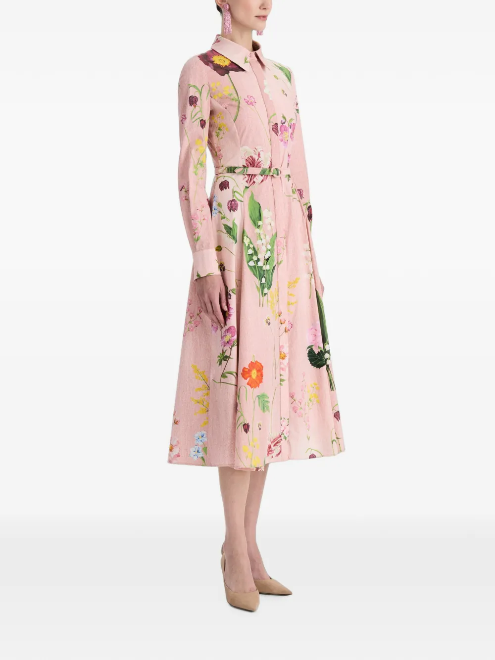 Oscar de la Renta Midi-blousejurk met botanische print en ceintuur Roze