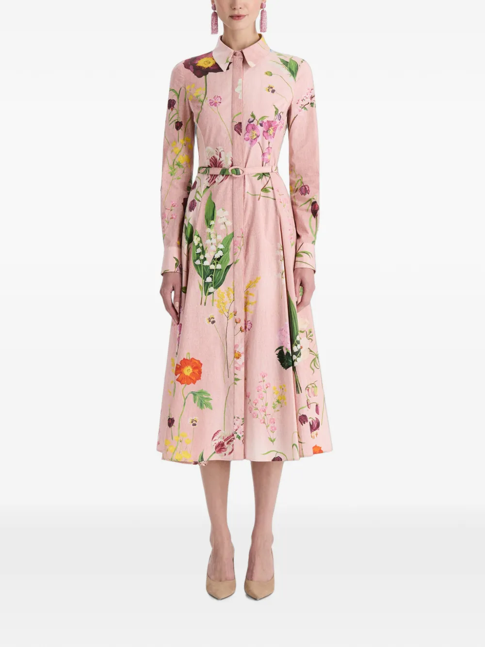 Oscar de la Renta Midi-blousejurk met botanische print en ceintuur Roze