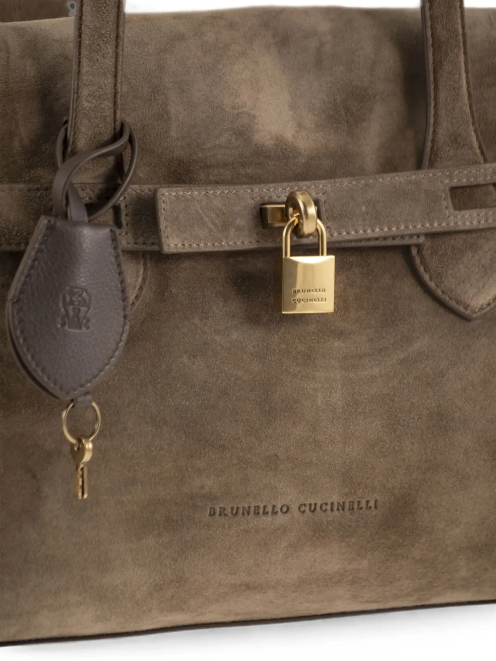 Brunello Cucinelli Suède schoudertas met hangslot Beige