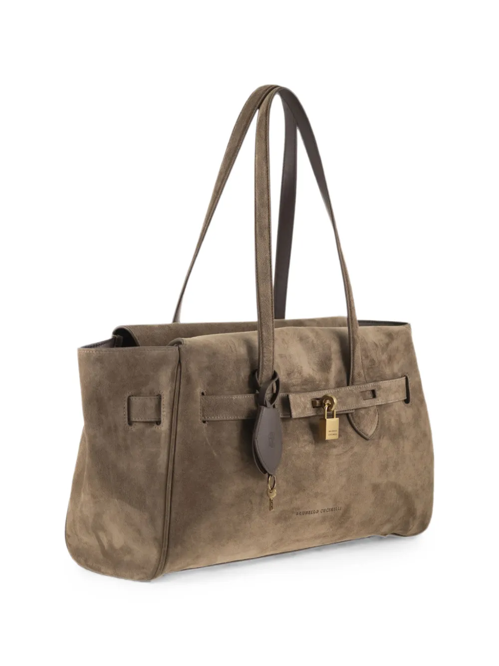 Brunello Cucinelli Suède schoudertas met hangslot Beige