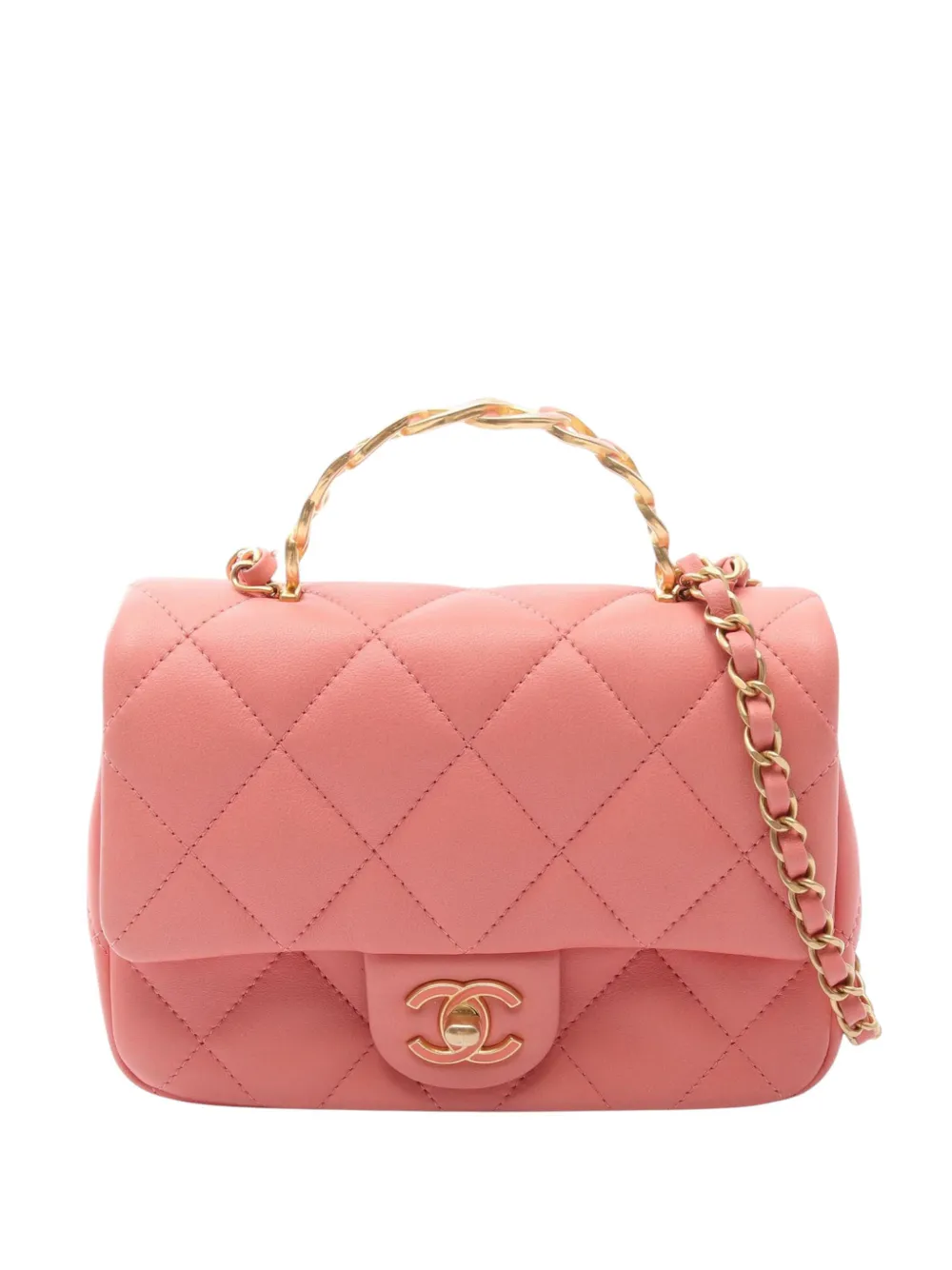 Pre-owned Chanel 2021-2026 Small Quilted Lambskin Metal Chain Top Handle Bag Satchel In Pink
