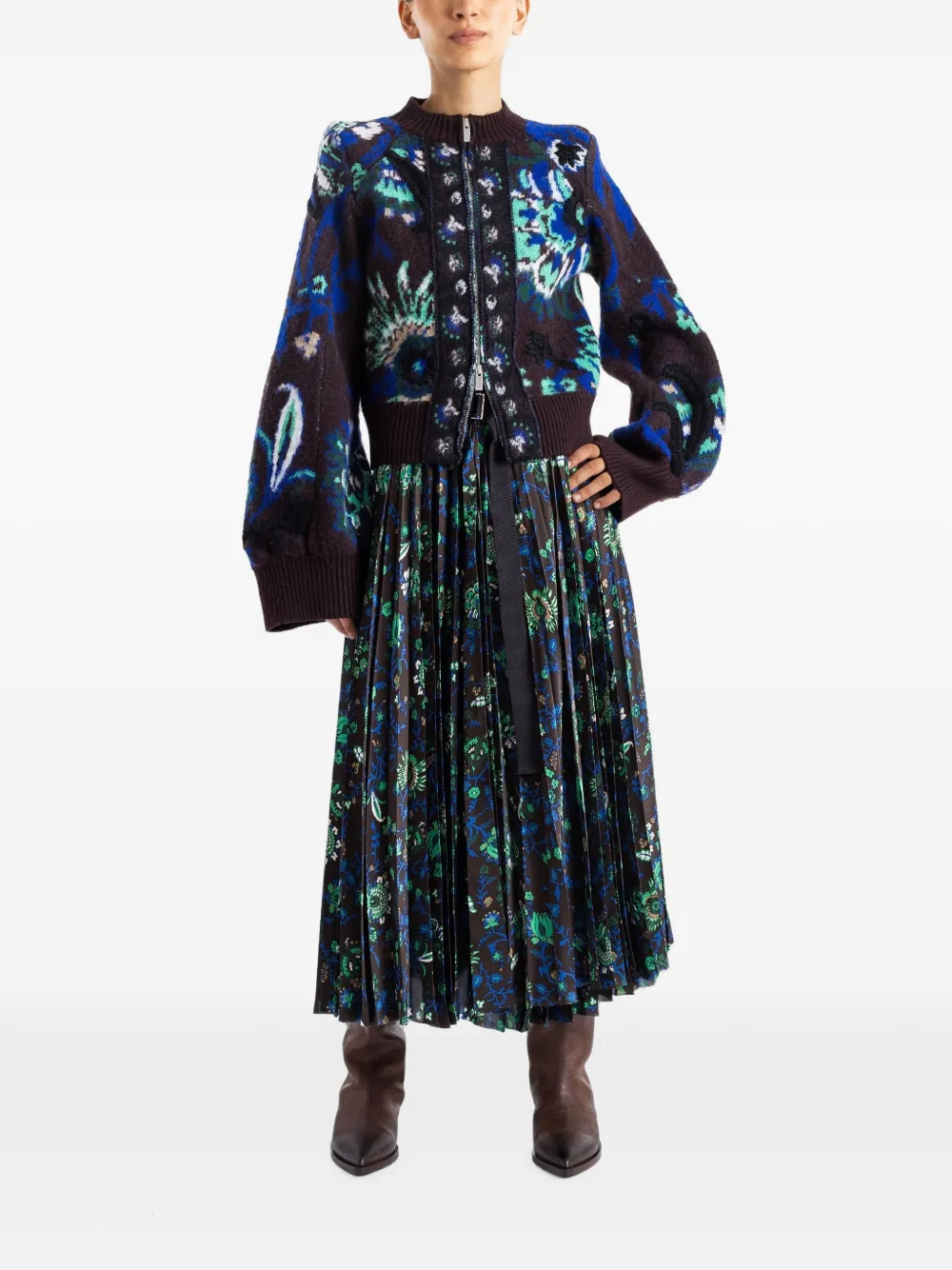 sacai Floral-print Pleated Midi Skirt in Brown, view 2