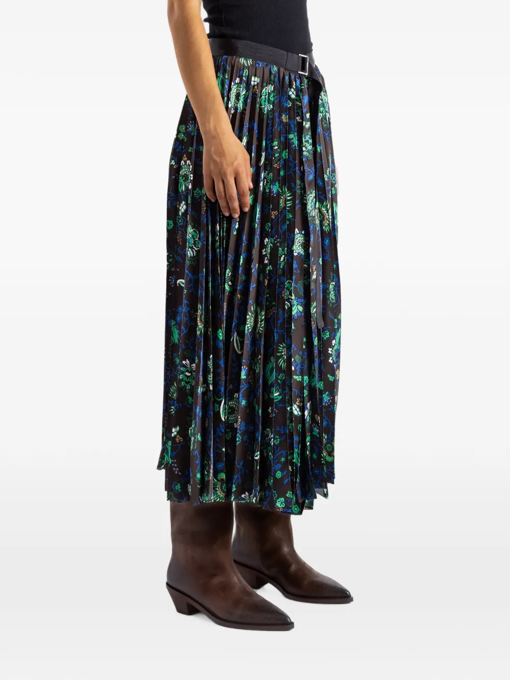 sacai Floral-print Pleated Midi Skirt in Brown, view 3
