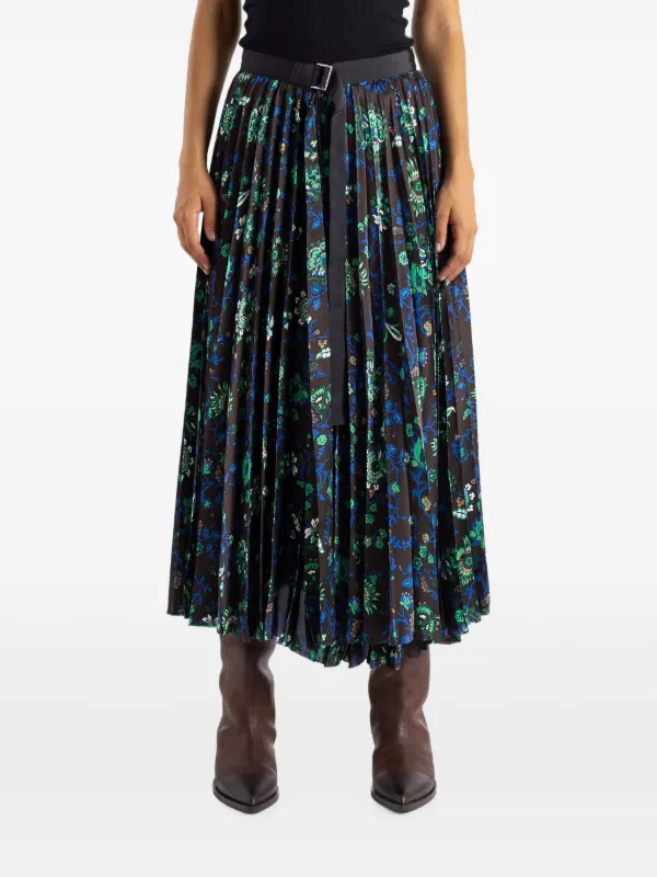 Sacai Floral-print Pleated Midi Skirt in Brown