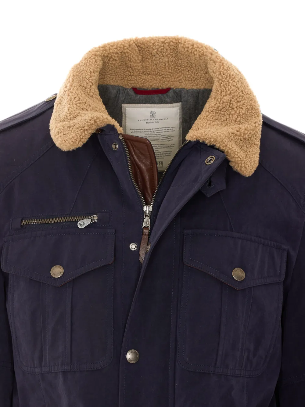 Brunello Cucinelli Jack met lammy kraag en meerdere zakken Blauw