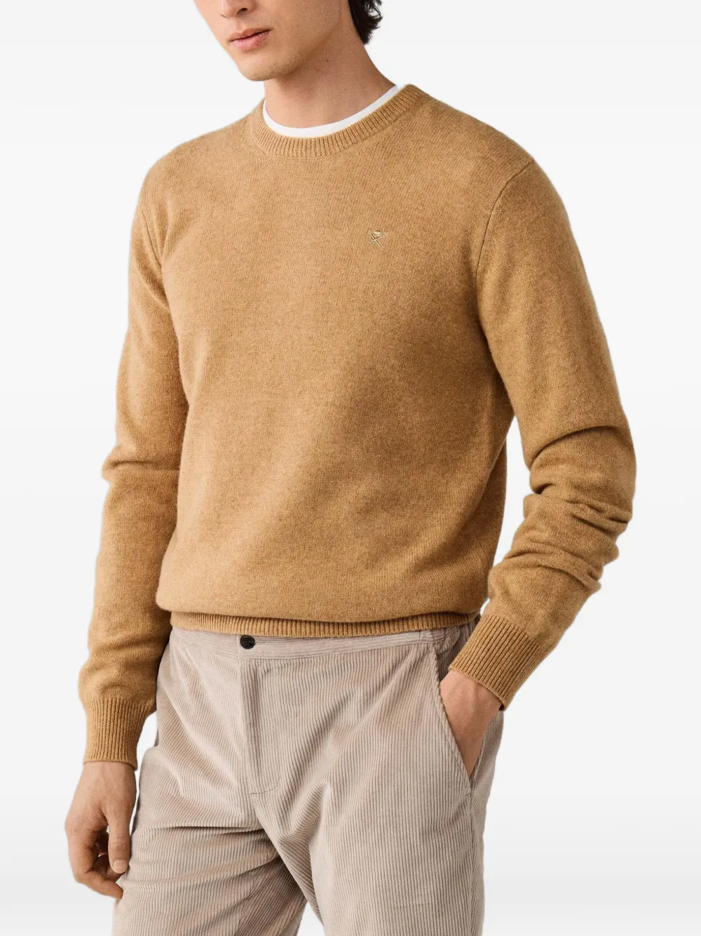 Hackett London Lamswol gebreide trui met ronde hals Beige