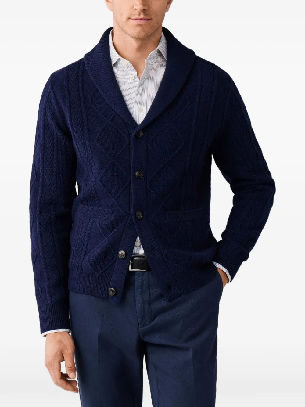 Hackett London Kabelgebreid vest met sjaalkraag Blauw