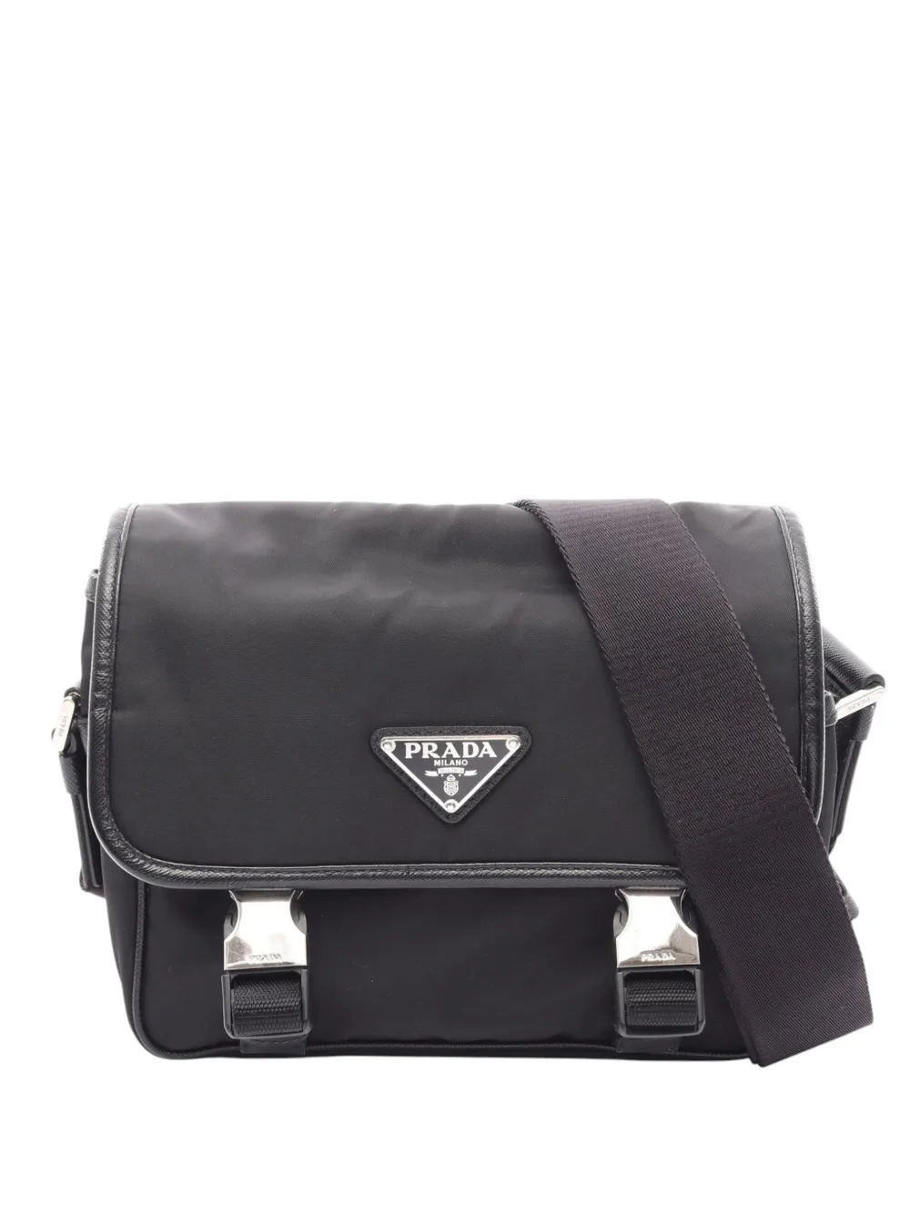 Prada Pre-Owned Borsa a tracolla in tessuto con finiture in pelle Saffiano, zip e doppia fibbia 2013-2026 - Nero