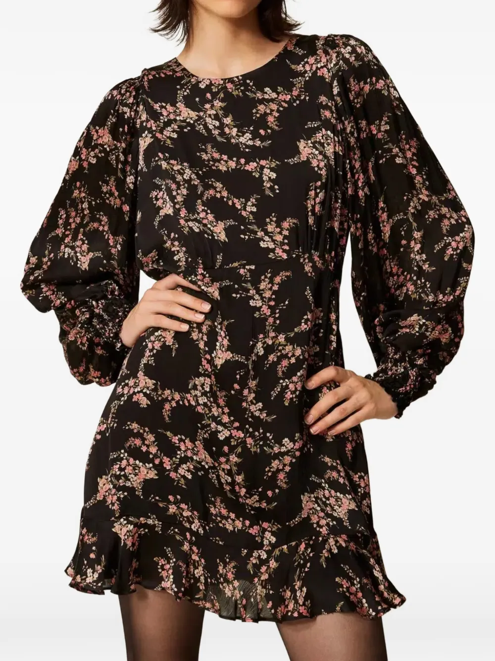TWINSET Mini-jurk met bloemenprint en ruches Zwart