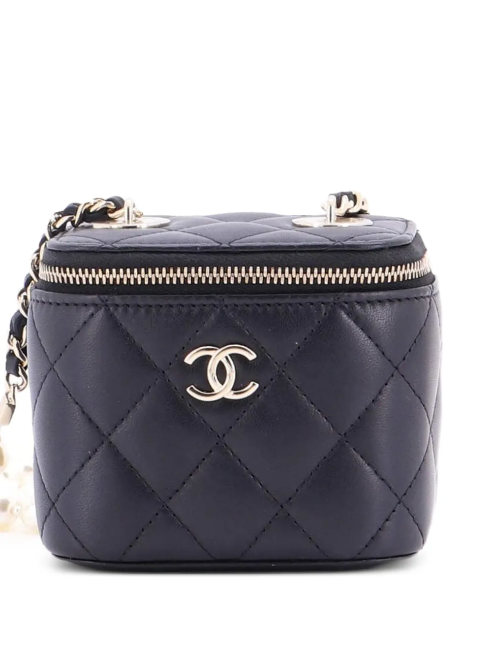 CHANEL Pre-Owned Vanity Case with Pearl Chain Quilted Lambskin Mini clutch bag - Black
