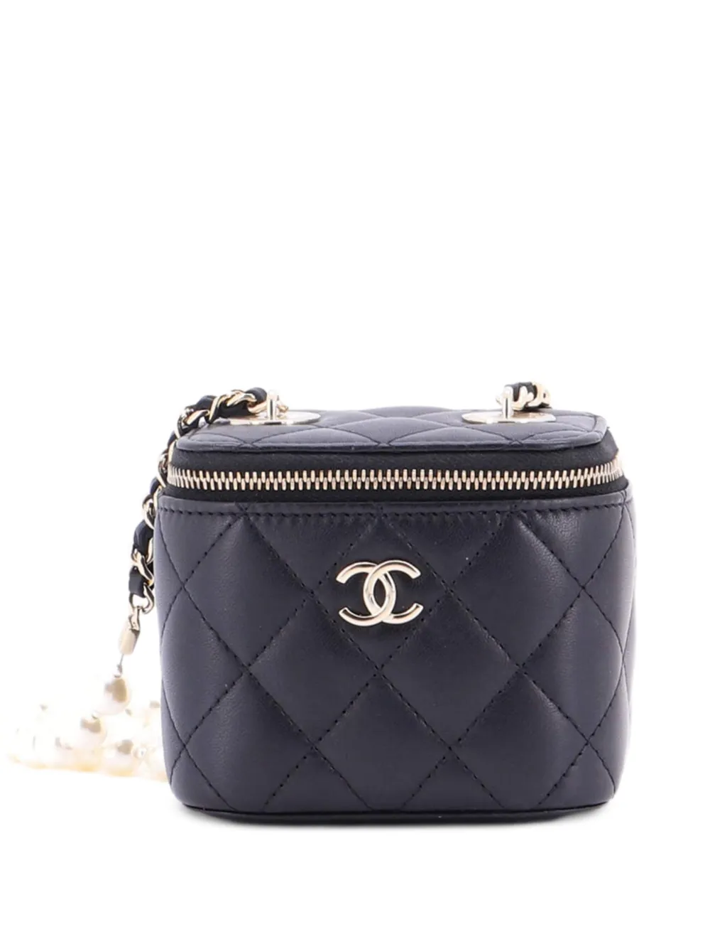 CHANEL Pre-Owned Clutch Vanity Case mini in pelle di agnello trapuntata con catena di perle - Nero