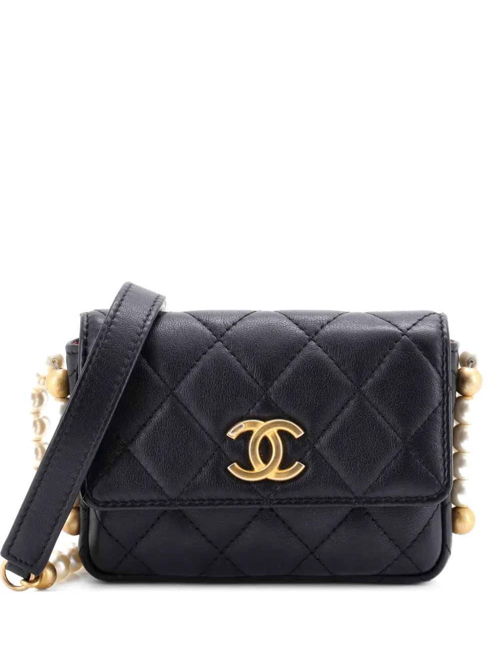 CHANEL Pre-Owned About Pearls Flap Card Holder with Chain Quilted Calfskin crossbody bag - Black