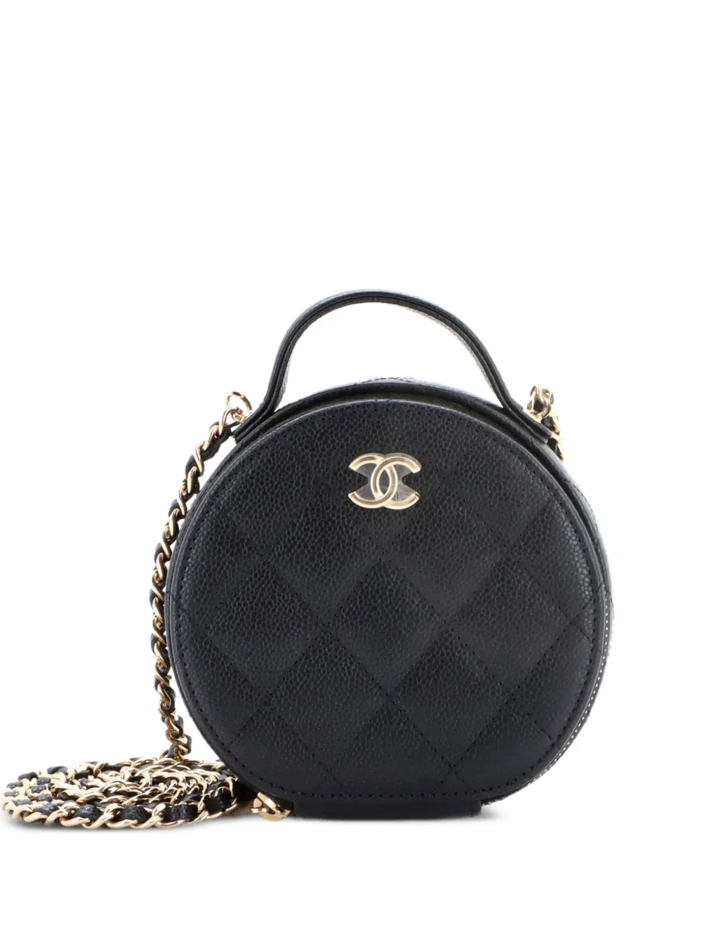 CHANEL Pre-Owned Borsa a tracolla Vanity Case tonda piccola in pelle Caviar trapuntata con manico catena - Nero