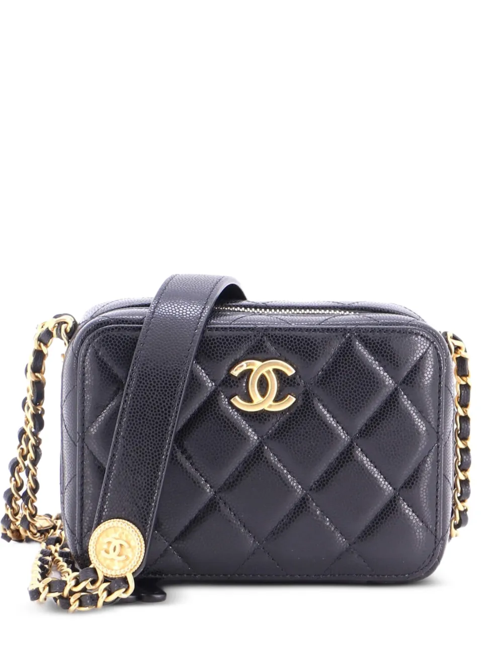 CHANEL Pre-Owned Twist Your Buttons Zip Around Vanity Case with Chain Quilted Caviar clutch bag - Black