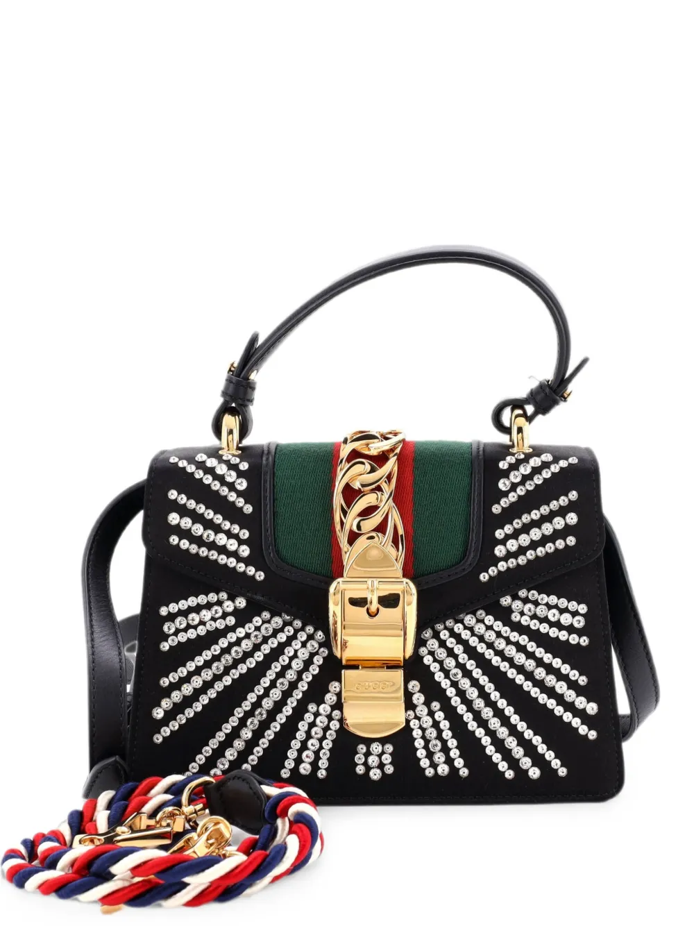 Gucci Pre-Owned Mini Sylvie Satchel-Tasche aus Satin mit Kristallen - Schwarz