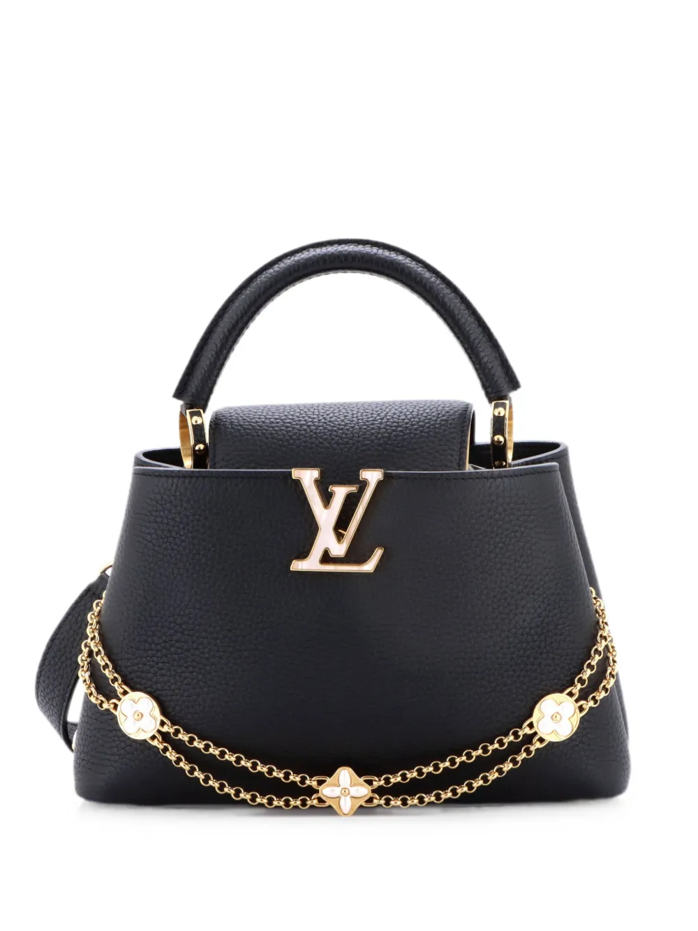 Pre-owned Louis Vuitton Flower Chain Capucines Bag Leather With Mother Of Pearl Effect Detail Bb Satchel In Black
