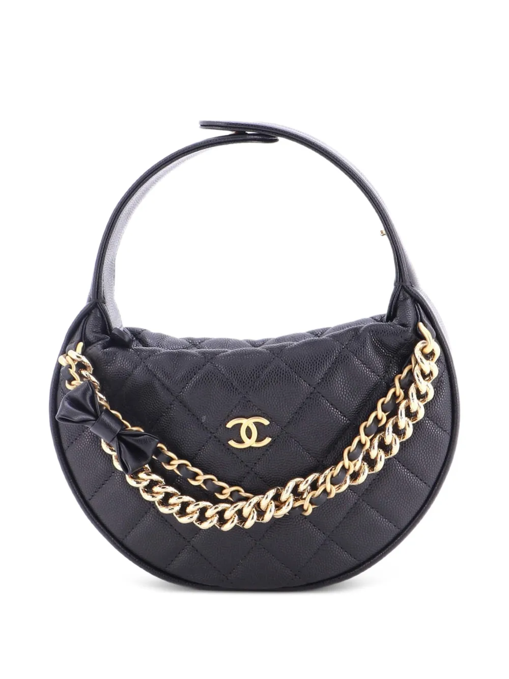 CHANEL Pre-Owned Double Chain Bow Pouch Quilted Caviar Mini hobo bag - Black