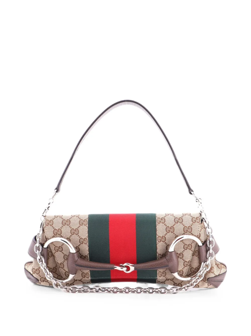 Gucci Pre-Owned Borsa a spalla Horsebit NM media in tela GG con decorazione Web - Marrone
