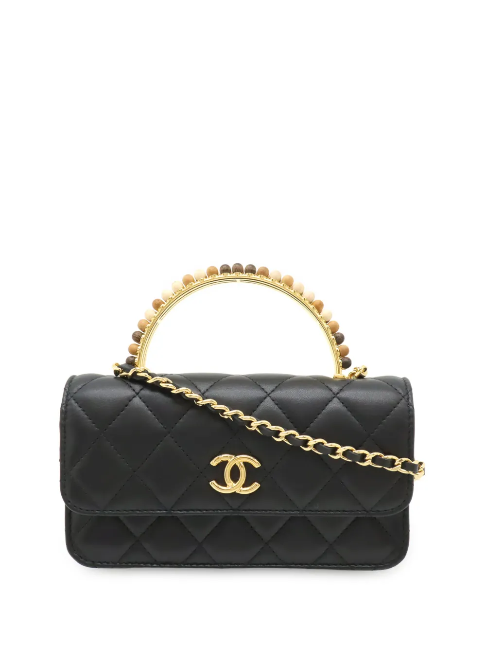 CHANEL Pre-Owned 2021-2026 CC Quilted Lambskin Wooden Beads Top Handle Wallet On Chain satchel - Black