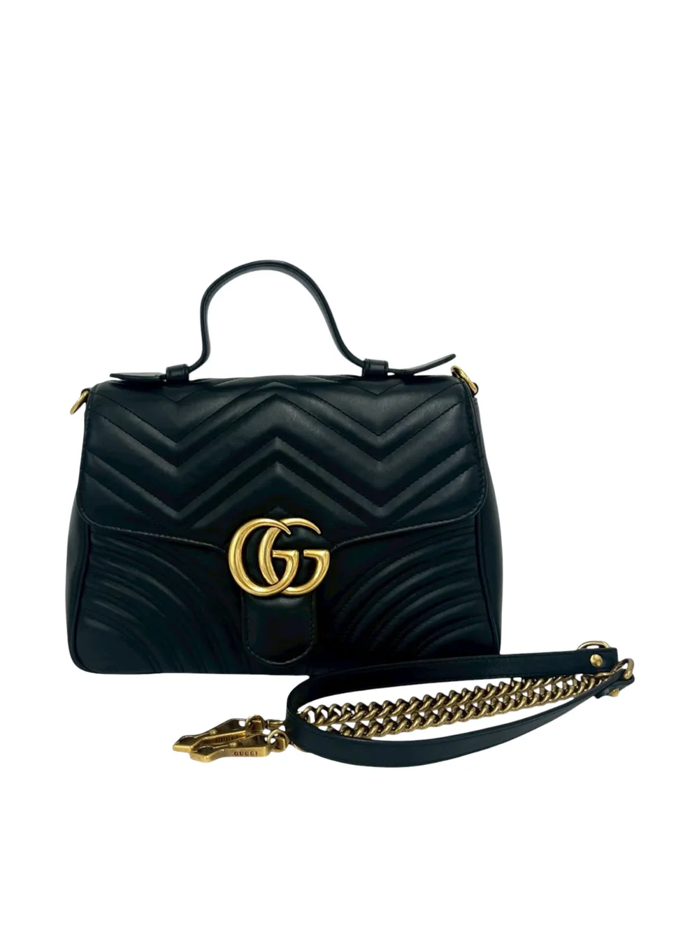 Pre-owned Gucci 2000-2015 Small Gg Marmont Matelasse Leather Top Handle Satchel In Black