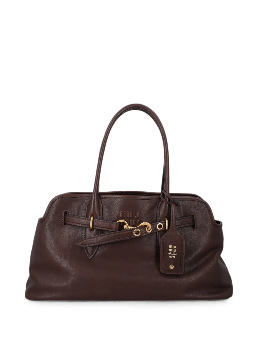 Miu Miu Aventure logo-embossed buckled tote bag - Marrone