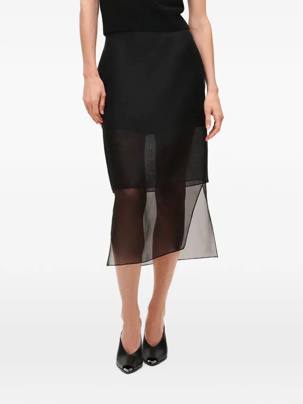 Brandon Maxwell Midi Brett Sheer-panelled Skirt in Black, view 3