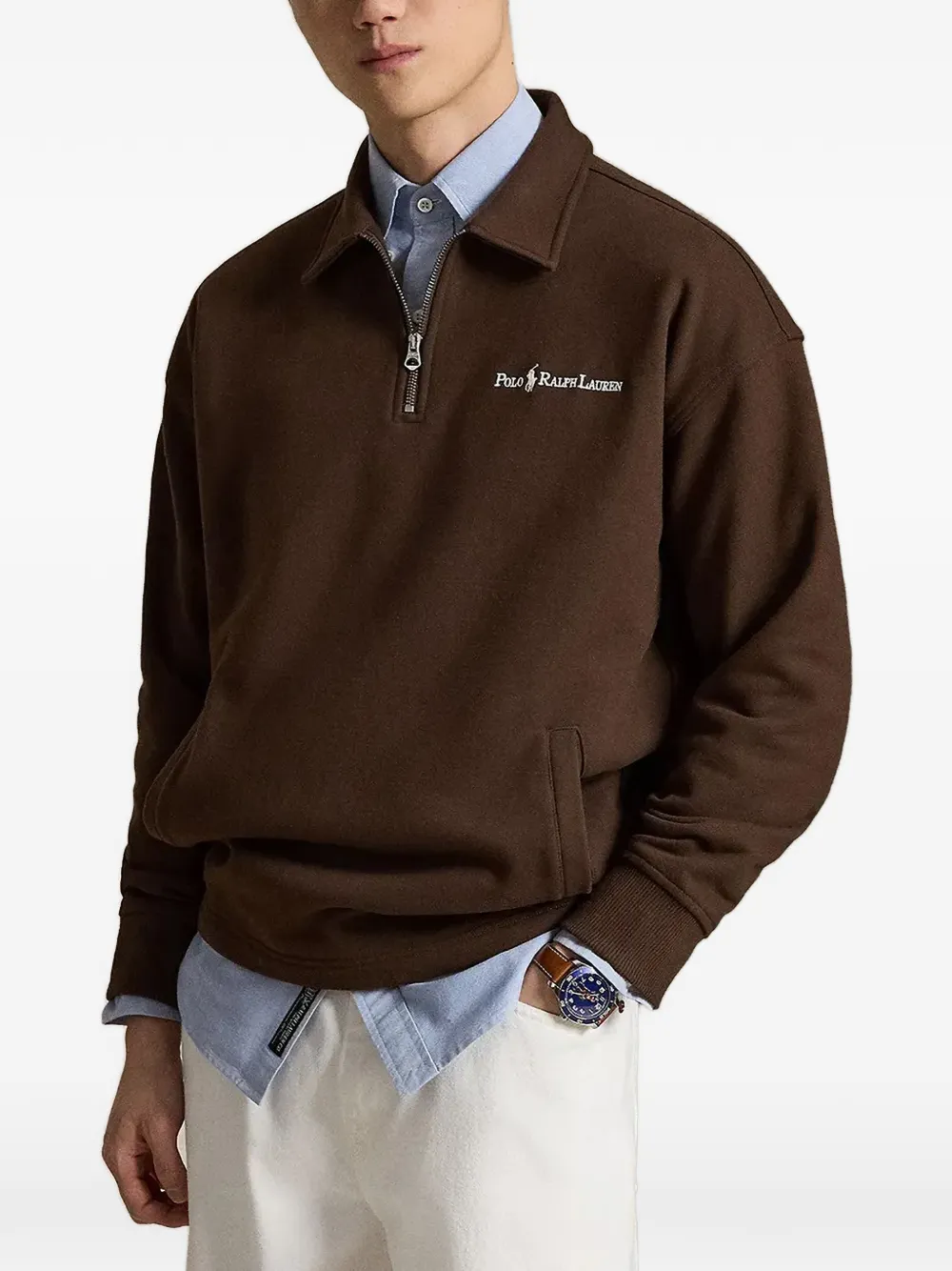 Polo Ralph Lauren Bestickter Pullover mit Viertelreißverschluss - Braun