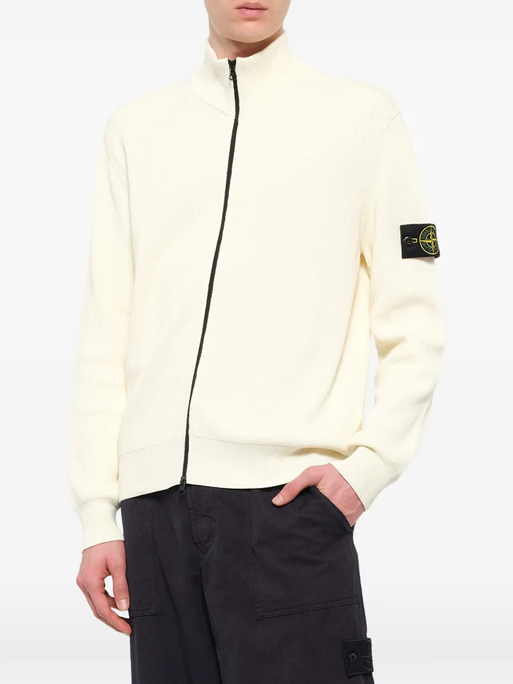 Stone Island ribbed zip-up cardigan Beige