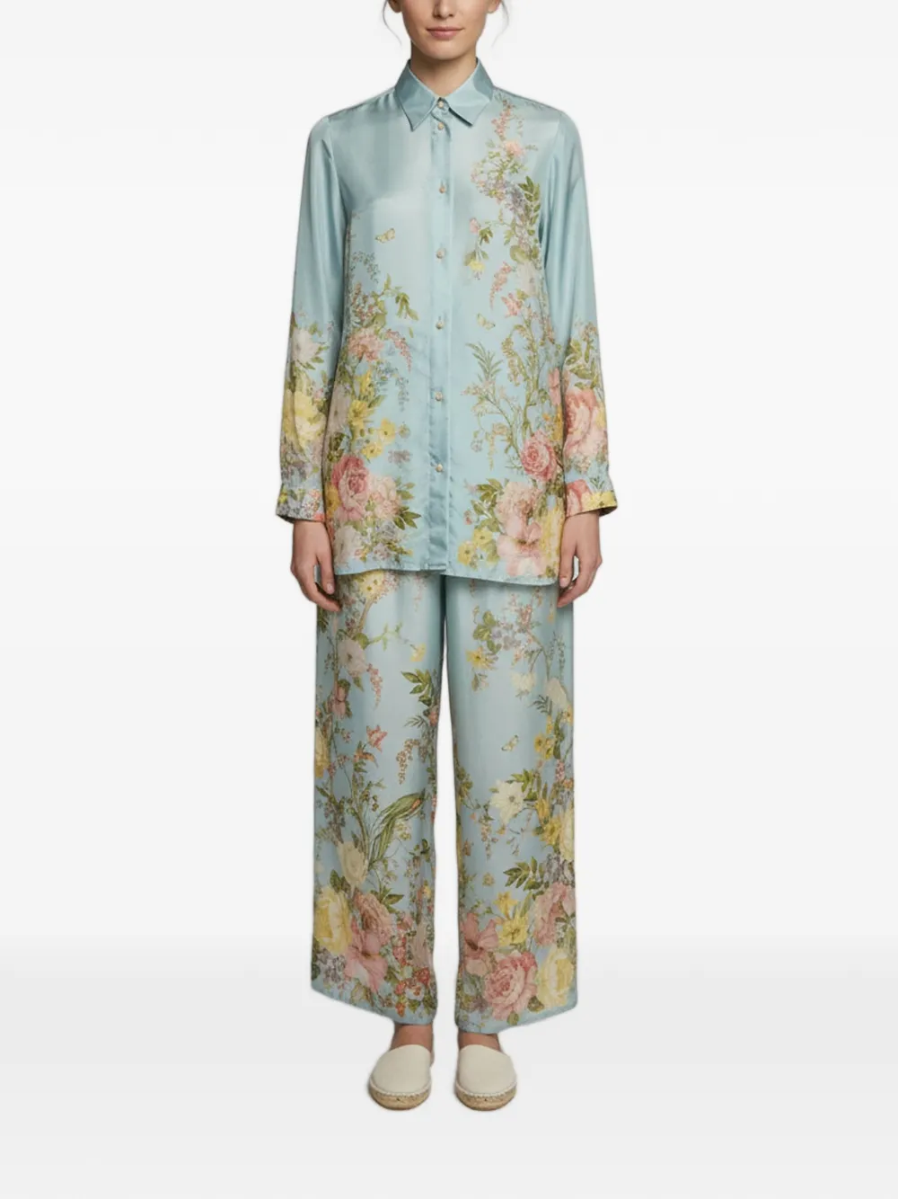ZIMMERMANN Set camicia e pantaloni in seta a fiori - Blu