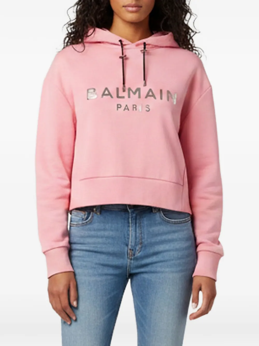Pre-owned Balmain Logo Embossed Cropped Hoodie In Pink