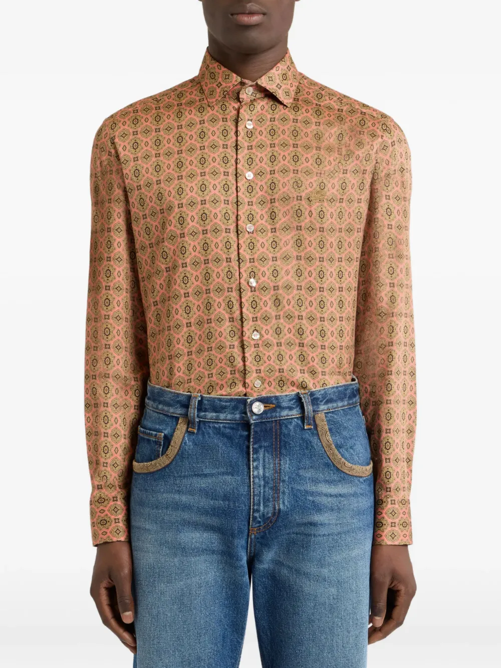 ETRO Katoenen satijnen overhemd met medaillon motief Beige