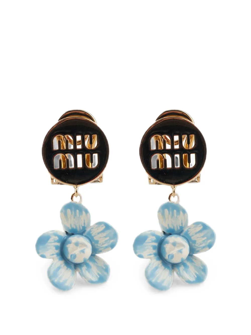 Miu Miu flower-pendant logo-plaque earrings - Oro
