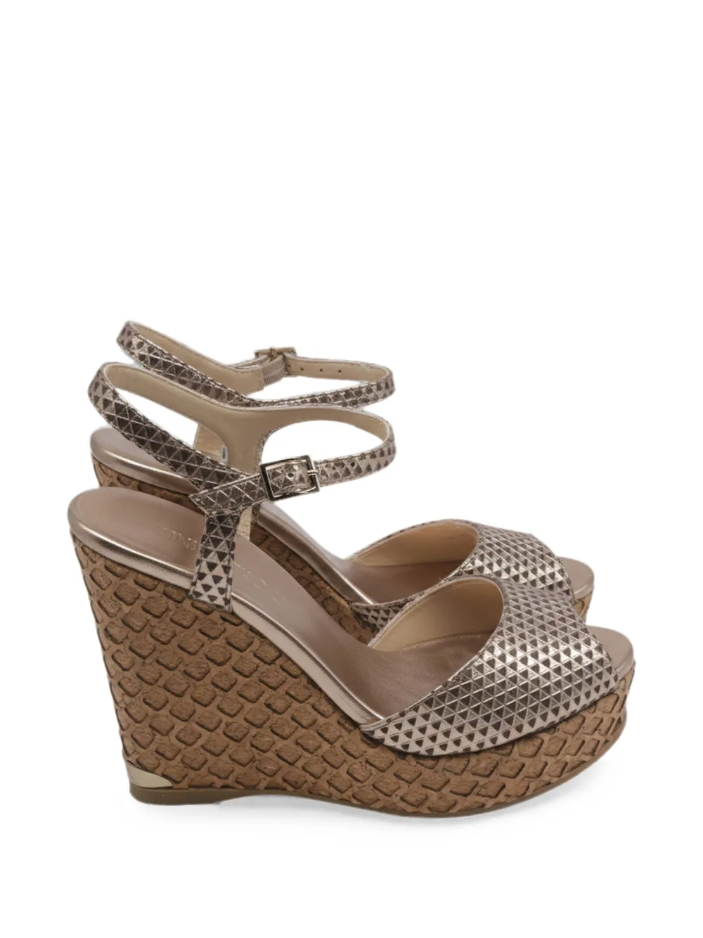 Pre-owned Jimmy Choo Patterned Peep-toe Wedge Sandals In Gold