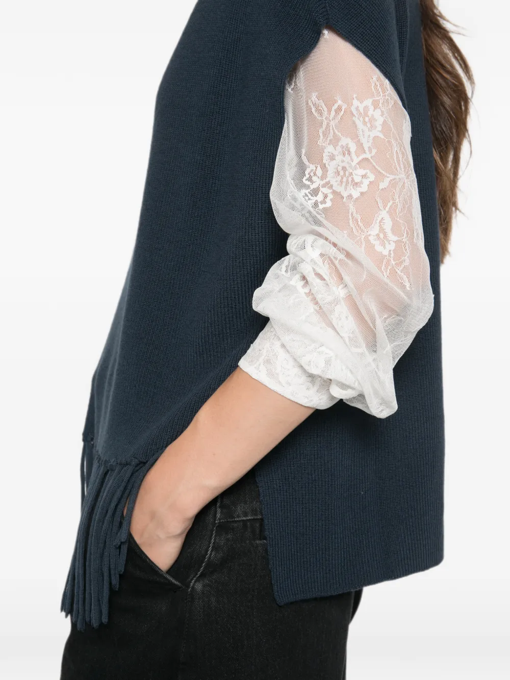 Patrizia Pepe fringed wool poncho Blauw