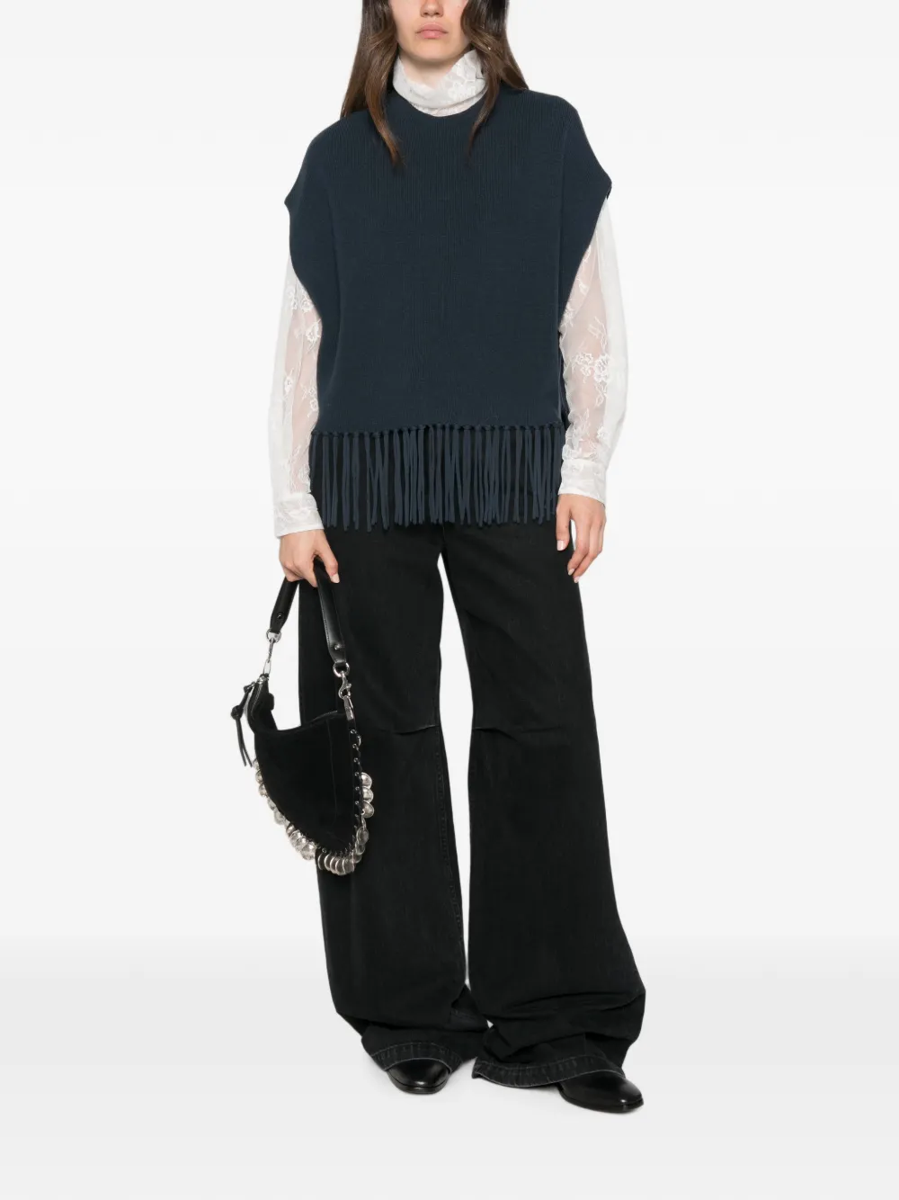 Patrizia Pepe fringed wool poncho Blauw