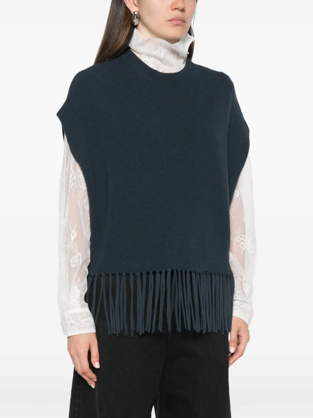 Patrizia Pepe fringed wool poncho Blauw