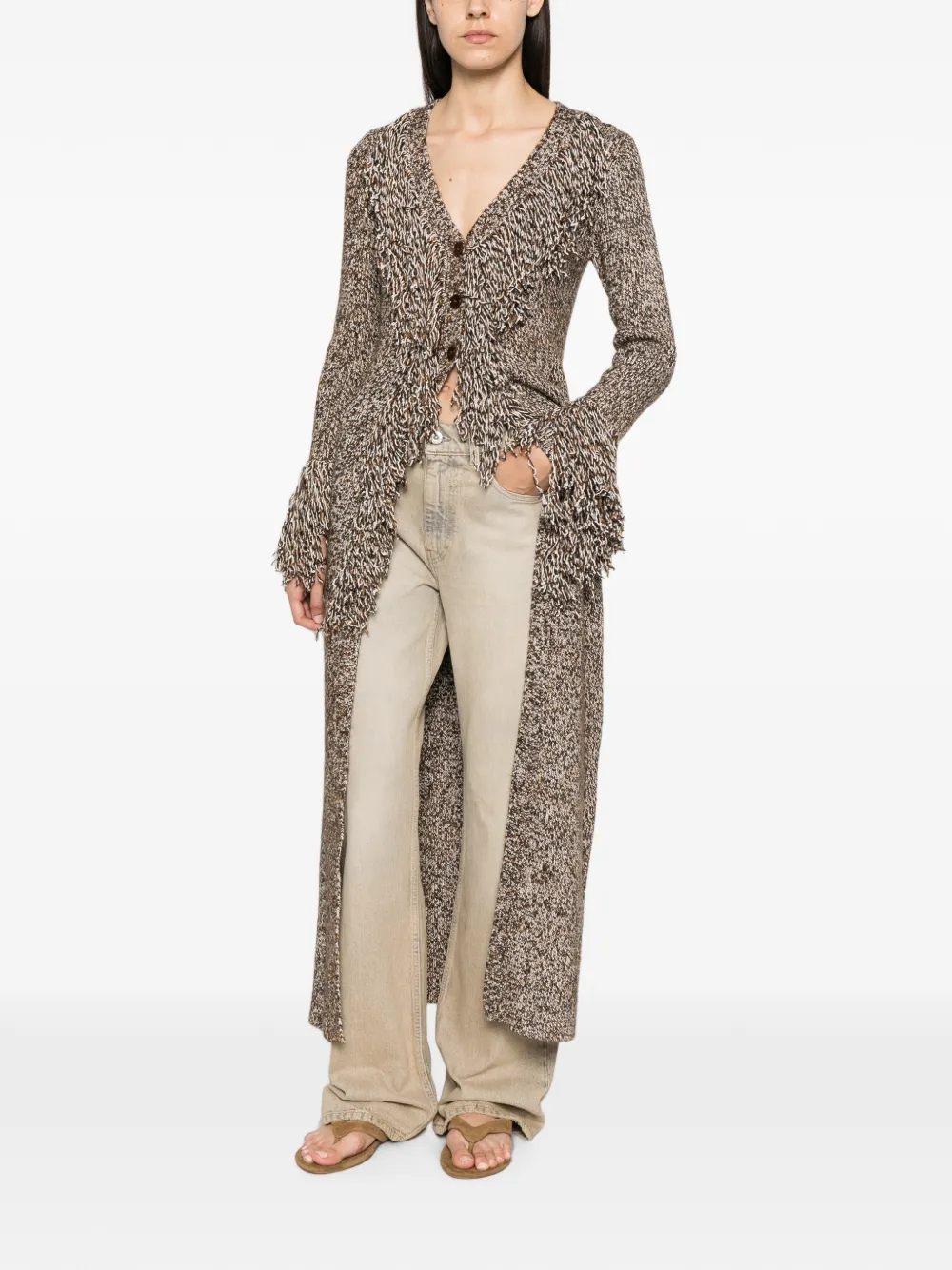Patrizia Pepe fringed chiné-knit cardigan Bruin