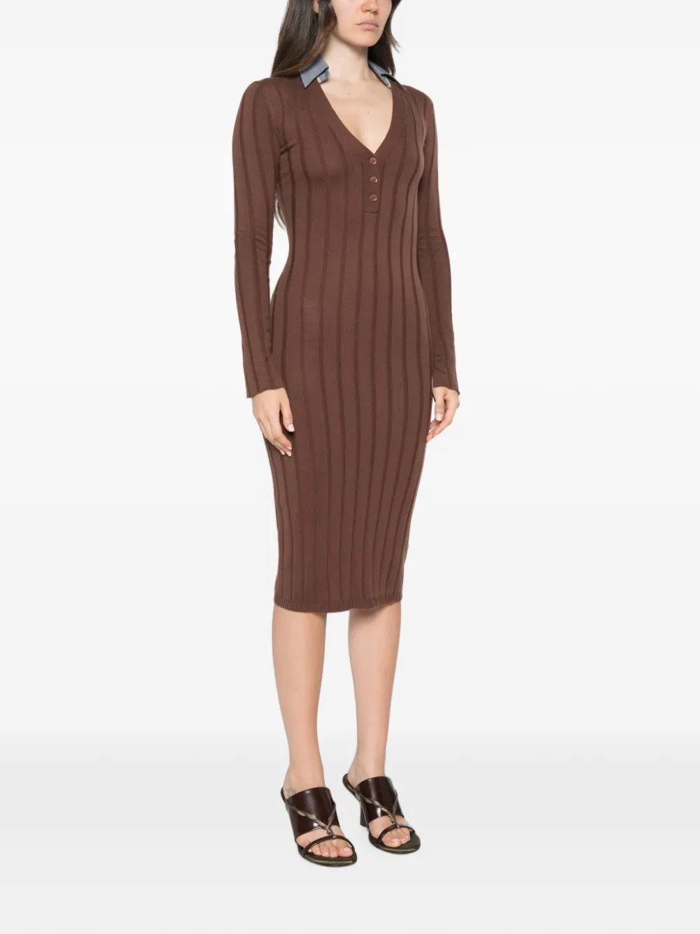 Patrizia Pepe ribbed-knit contrast-collar midi dress Bruin