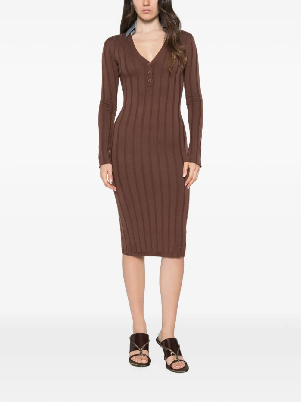Patrizia Pepe ribbed-knit contrast-collar midi dress Bruin