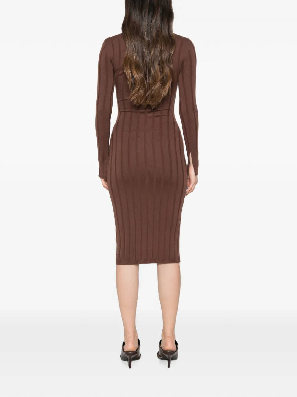 Patrizia Pepe ribbed-knit contrast-collar midi dress Bruin