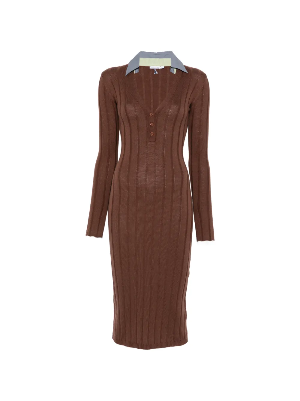 Patrizia Pepe ribbed-knit contrast-collar midi dress Bruin