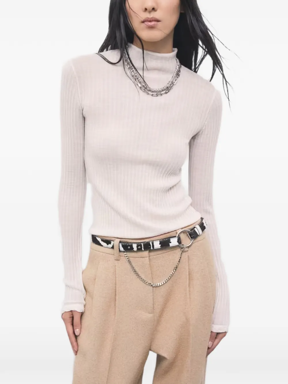 Patrizia Pepe Ribgebreide trui met trechterhals Beige