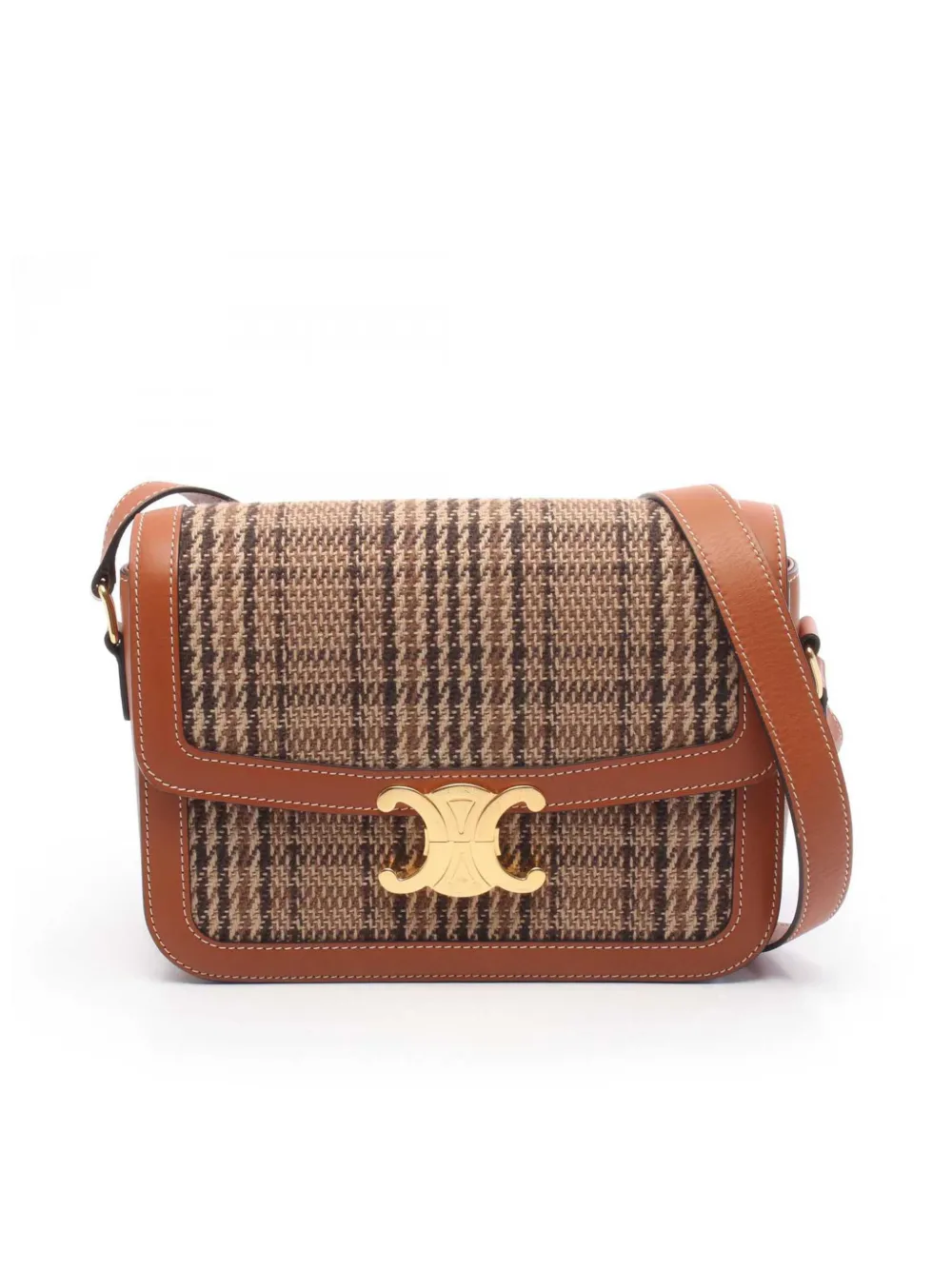 Celine Pre-Owned 2018-2021 Classique Tweed and Calfskin Triomphe crossbody bag - Brown